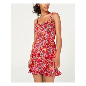 B DARLIN Womens Red Floral Sleeveless V Neck Mini Ruffled Dress 5